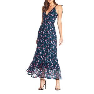 Dress the Population Sunny Navy Floral Print Embroidered V-Neck Maxi Dress M
